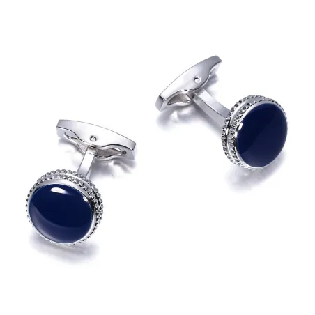 Boutons de manchette ronds en argent avec émail bleu