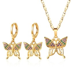 Parure de bijoux dorée - avec papillons - boucles d'oreilles / collier