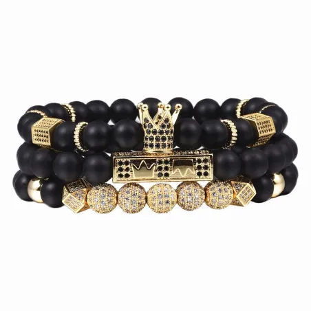 Svarte perler armbånd med en krone - 3 stk