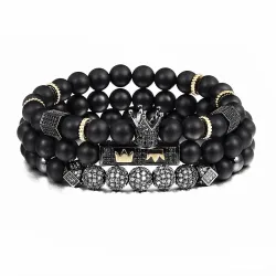 Bracciale di perle nere con corona - 3 pezzi