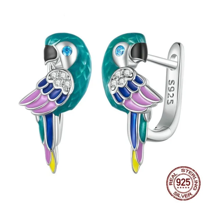 Perroquet arc-en-ciel avec zircon - Boucles d'oreilles en argent sterling 925