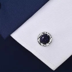 Boutons de manchette ronds argent - pierre ciel étoilé bleu / cristaux