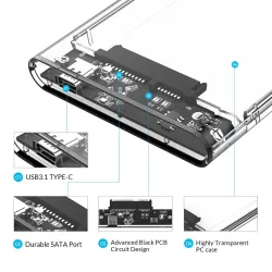 ORICO - 2.5 pouces - boîtier HDD transparent - avec câble - type C Gen 2 - USB3.1