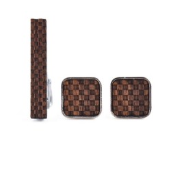 Quadratische Manschettenknöpfe / Krawattennadel aus Holz - Karomuster