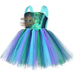 Costume de paon - robe à plumes/fleurs