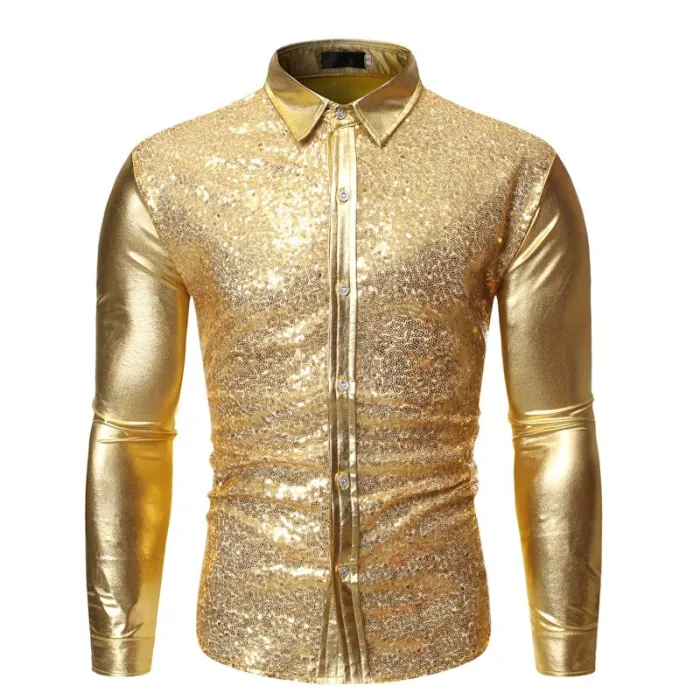 Błyszcząca metaliczna koszula z długim rękawem - zdobiona cekinamiT-shirt