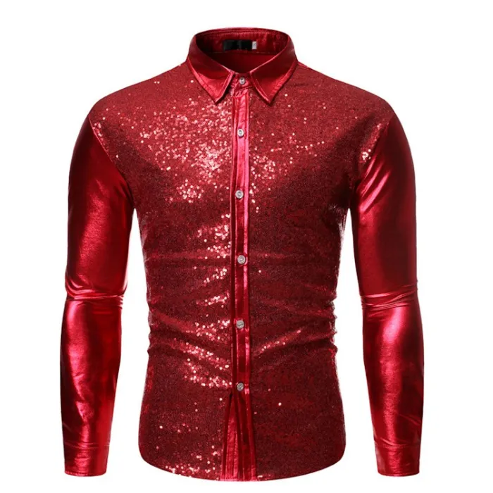 Błyszcząca metaliczna koszula z długim rękawem - zdobiona cekinamiT-shirt
