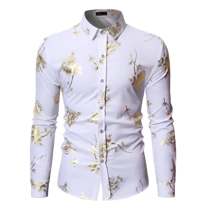 Lussuosa camicia a maniche lunghe - rose dorate stampate
