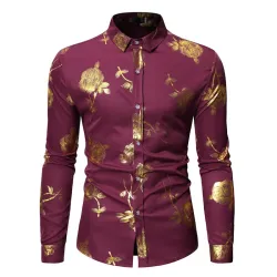 Camisa luxuosa de manga comprida - rosas douradas estampadas