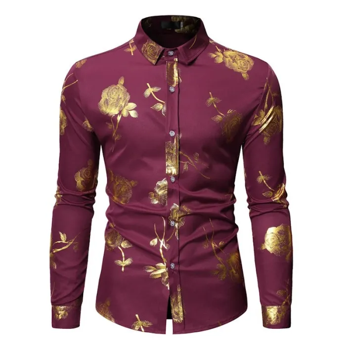 Lussuosa camicia a maniche lunghe - rose dorate stampate