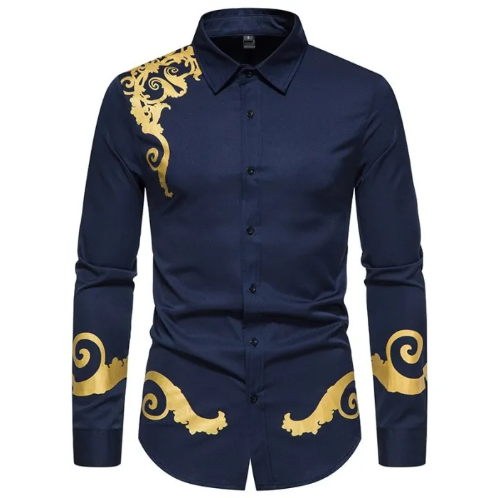 Elegancka koszula z długim rękawem - luksusowy złoty barokowy nadrukT-shirt