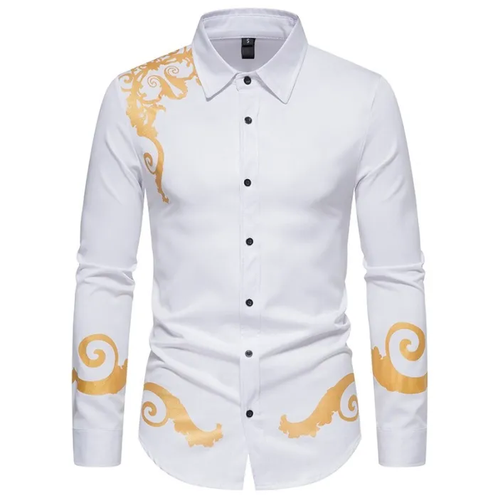 Camisa elegante de manga comprida - impressão barroca dourada de luxo