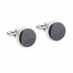 Boutons de manchette ronds argent - fibre de carbone noire