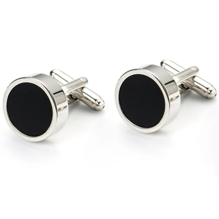 Boutons de manchette ronds classiques en argent - avec émail noir