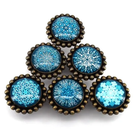 Poignées de meuble rondes - boutons - flocons de neige en cristal blanc / bleu - 6 pièces