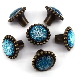 Round furniture handles - knobs - white / blue crystal snowflakes - 6 piecesFurniture