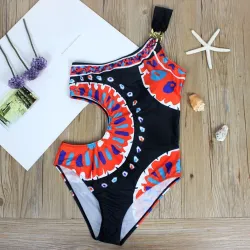 Maillot de bain une pièce noir - motif coloré - une épaule / côté découpé