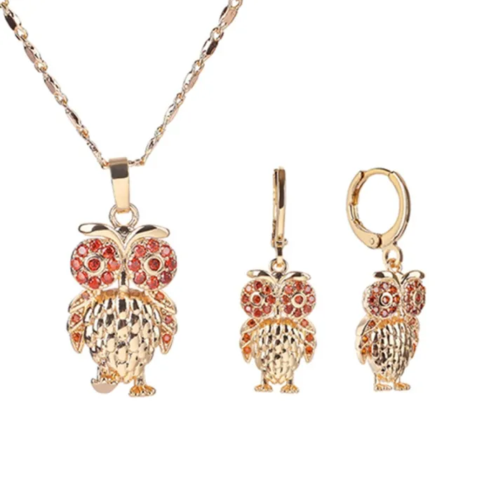 Set di gioielli in oro - con gufi di cristallo - collana/orecchini