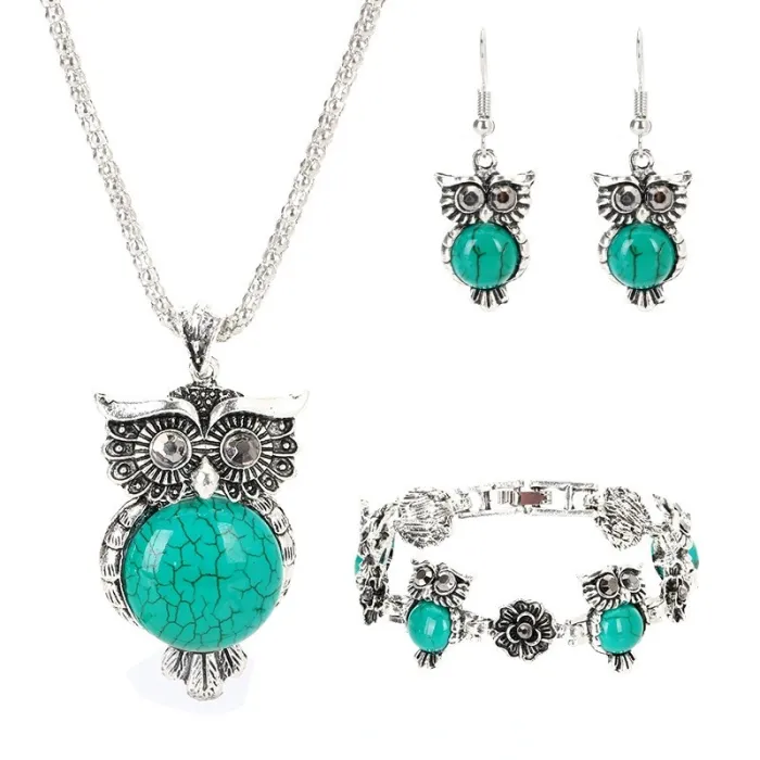 Silberschmuckset - mit Eulen - Halskette / Ohrringe / Armband