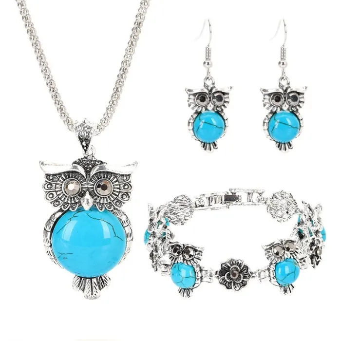 Silberschmuckset - mit Eulen - Halskette / Ohrringe / Armband