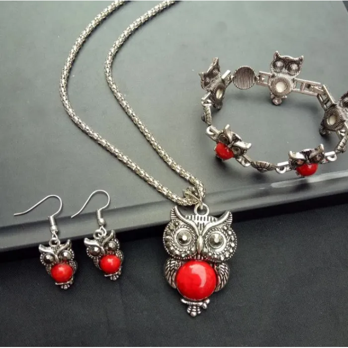 Conjuntos de joyasConjunto de joyas de plata - con búhos - collar / pendientes / pulsera