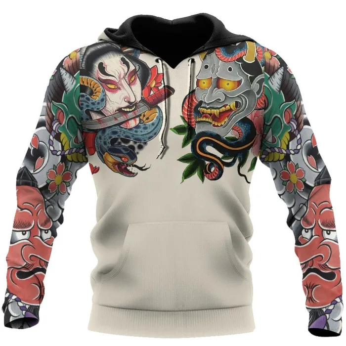 Japansk kultur - maske tatovering trykt - hettegenser