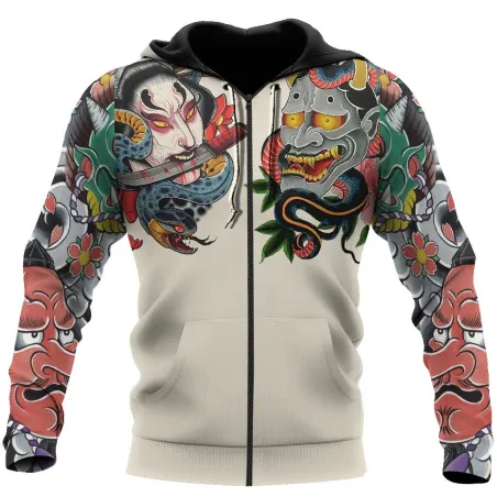 Japansk kultur - maske tatovering trykt - hettegenser med glidelås