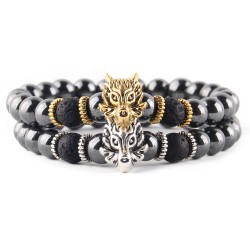 Naturstein - svarte perler - armbånd - metall ulv / ugle / buddha