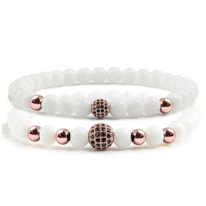 Bracciale con perline di pietra bianca - sfere di cristallo decorative - 2 pezzi