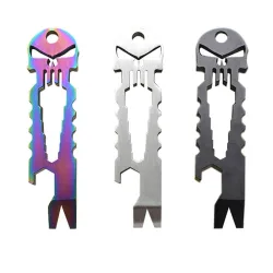 Multiutensile in acciaio inox - apribottiglie - piede di porco - chiave inglese - con portachiavi - a forma di teschio