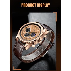 LIGE - luksus quartz ur i rustfrit stål - lysende - læderrem - vandtæt - rosa guld