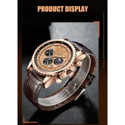 LIGE - montre à quartz de luxe en acier inoxydable - lumineuse - bracelet en cuir - étanche - or rose