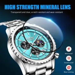LIGE - montre à quartz de luxe en acier inoxydable - lumineuse - bracelet en cuir - étanche - or rose / noir