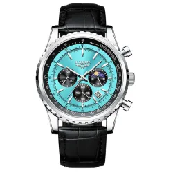 LIGE - relógio de quartzo de aço inoxidável de luxo - luminoso - pulseira de couro - à prova d'água - turquesa