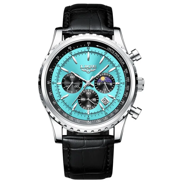 LIGE - montre à quartz de luxe en acier inoxydable - lumineuse - bracelet en cuir - étanche - turquoise