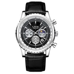 LIGE - montre à quartz de luxe en acier inoxydable - lumineuse - bracelet en cuir - étanche - noir