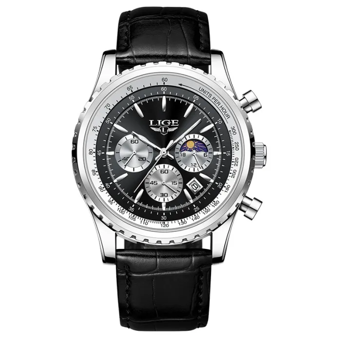 LIGE - relógio de quartzo de aço inoxidável de luxo - luminoso - pulseira de couro - à prova d'água - preto