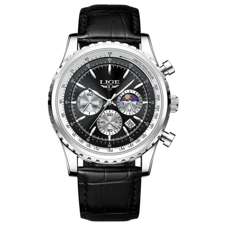 LIGE - luksus quartz ur i rustfrit stål - lysende - læderrem - vandtæt - sort