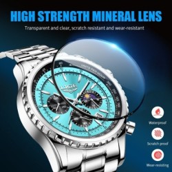 LIGE - montre à quartz de luxe en acier inoxydable - lumineuse - bracelet en cuir - étanche - bleu