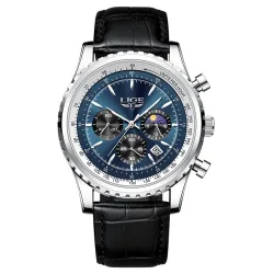 LIGE – Luxus-Quarzuhr aus Edelstahl – leuchtend – Lederarmband – wasserdicht – blau