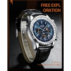 LIGE - montre à quartz de luxe en acier inoxydable - lumineuse - bracelet en cuir - étanche - bleu