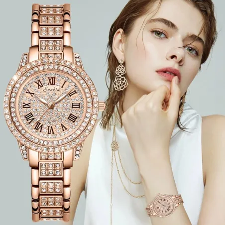 SUNKTA - montre à quartz élégante avec cristaux - or rose