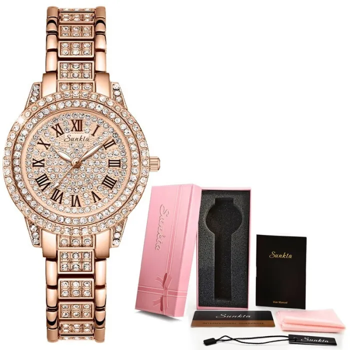 SUNKTA - montre à quartz élégante avec cristaux - or rose