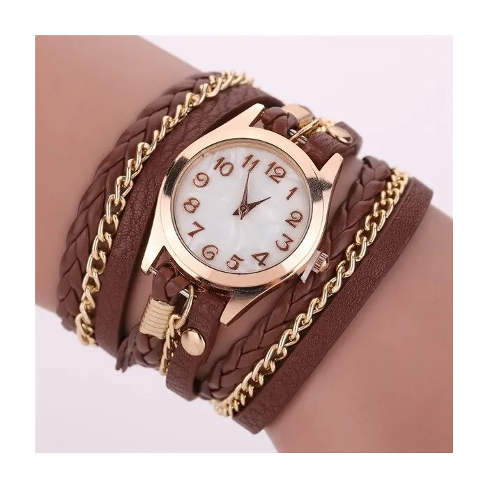 PulseraPulsera de cuero multicapa - con un reloj de cuarzo redondo