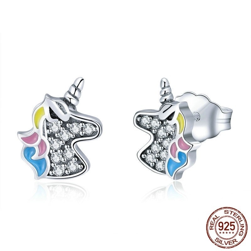 Silberne Ohrringe mit Kristall-Einhorn