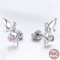 Blomster fe / pink krystal - sølv øreringe