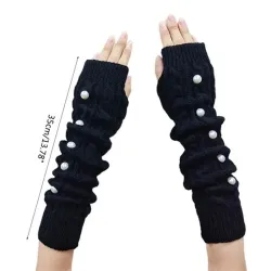 Gants longs en tricot - sans doigts - avec perles décoratives