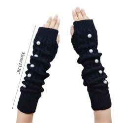 Lange gebreide handschoenen - vingerloos - met sierparelsHandschoenen