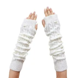 Lange strikkede hansker - fingerløse - med dekorative perler
