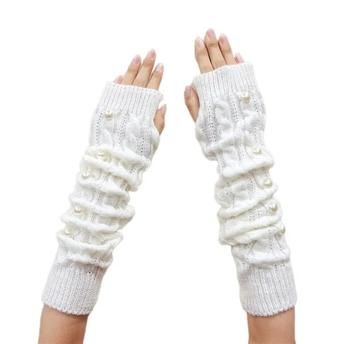 Gants longs en tricot - sans doigts - avec perles décoratives